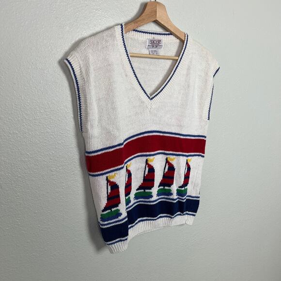 SKYR Vintage Sweater Vest Sailboats 80's 90's Nautical Size 38 Ramie Cotton Knit - Picture 4 of 7